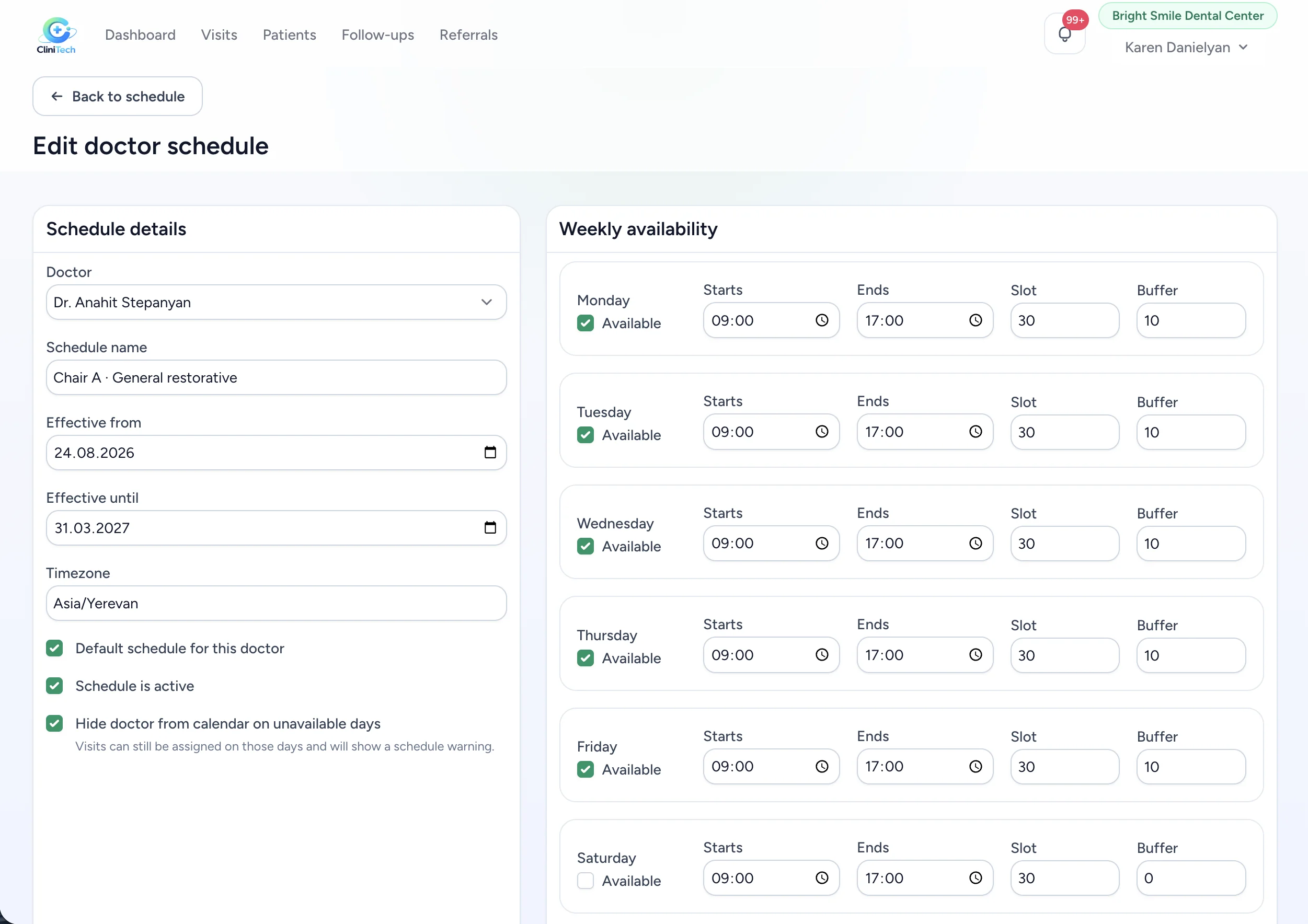 Doctor schedule settings with weekly availability