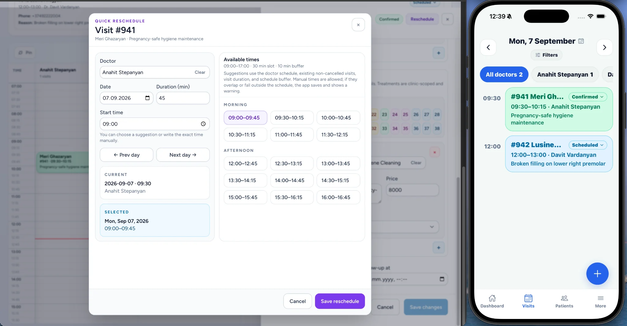 Visit rescheduling with available time suggestions